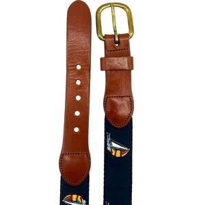 Vintage Preppy Sailboat Embroidered Leather Brass BuckleHandmade CT USA Sz. 36